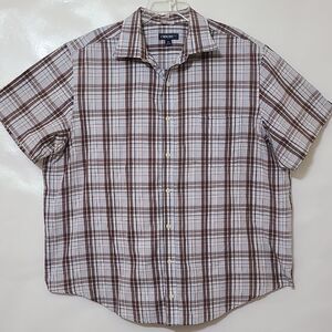 Cherokee Mens Brown/Blue Plaid Button Up Short Sleeve Shirt Cotton/Polyester XXL